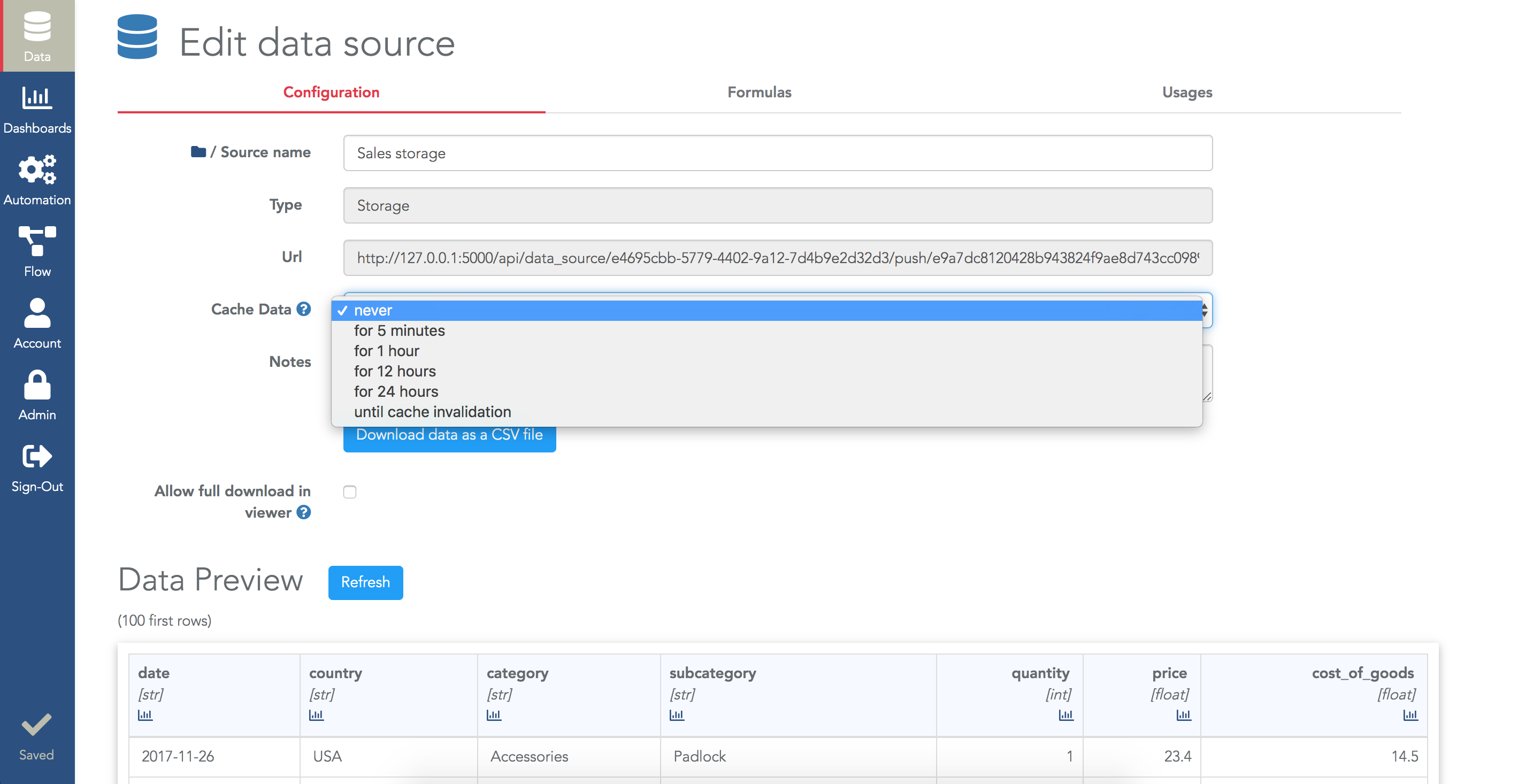 Configure the cache of a datasource